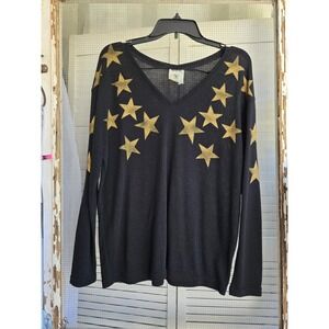 Womens Vocal Americana Black Long Sleeve Shiney Gold Stars Deep